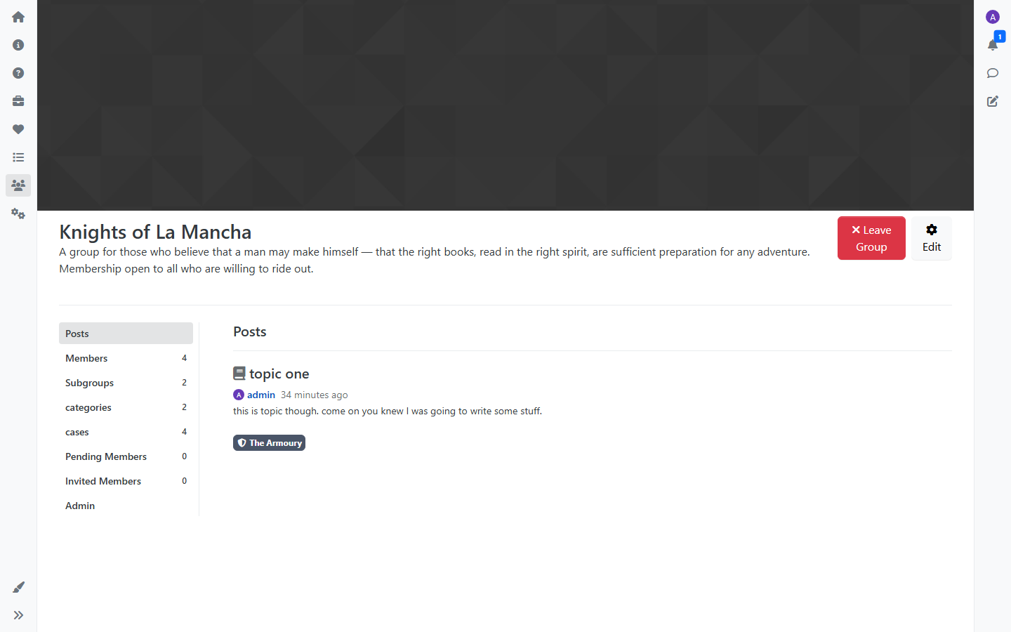 A Group page showing the cover image, description, and sidebar tabs