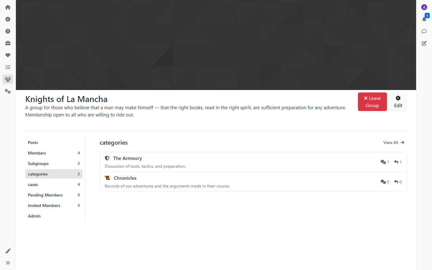 A Group's categories tab with its discussion forums