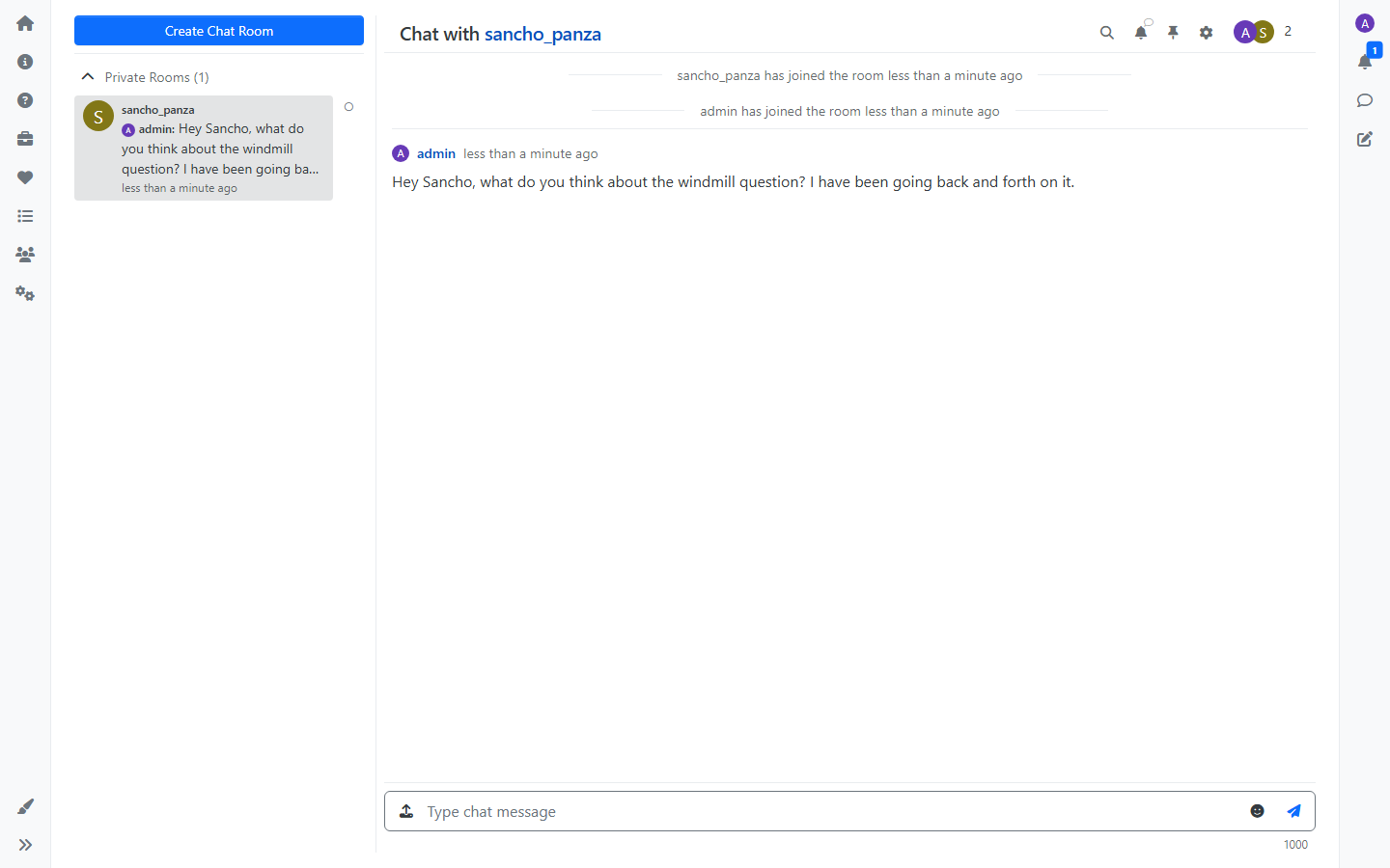 The chat interface with a private conversation